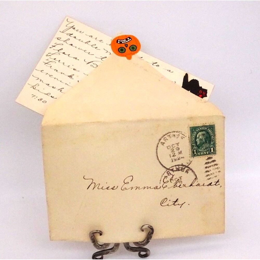 Vintage 1924 Halloween Invitation Set with Arthur, Illinois Postmark - Black Cat